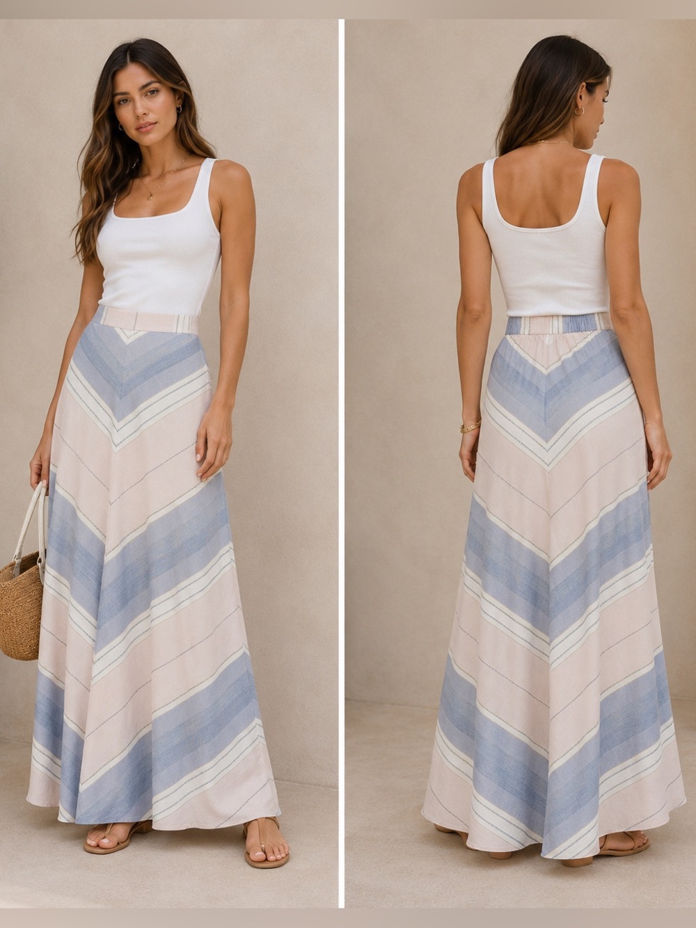Splendid‎ Kayla Stripe Maxi Skirt Blue Pink Boho Elastic Waist XS NWT